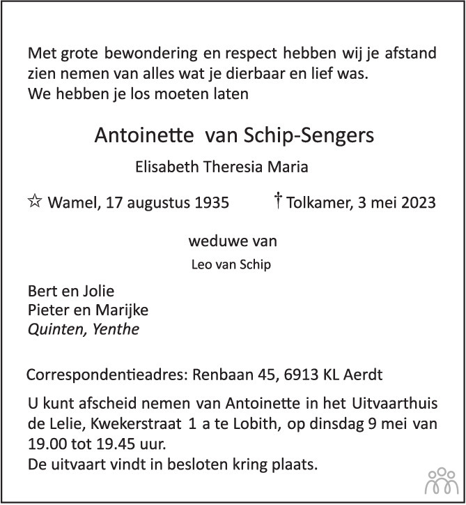 Overlijdensbericht van Antoinette (Elisabeth Theresia Maria) van Schip-Sengers in de Gelderlander