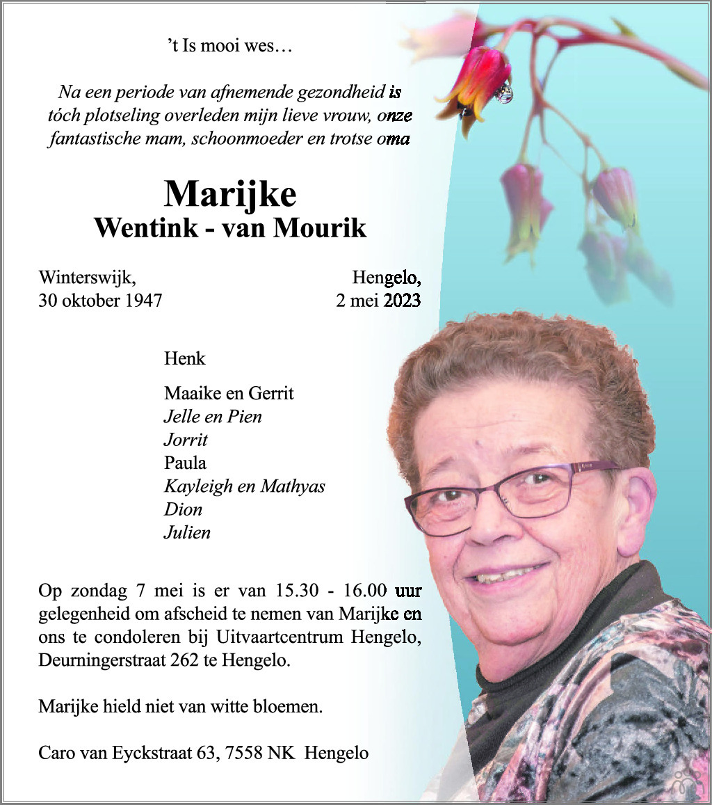 Marijke Wentinkvan Mourik 02052023 overlijdensbericht en