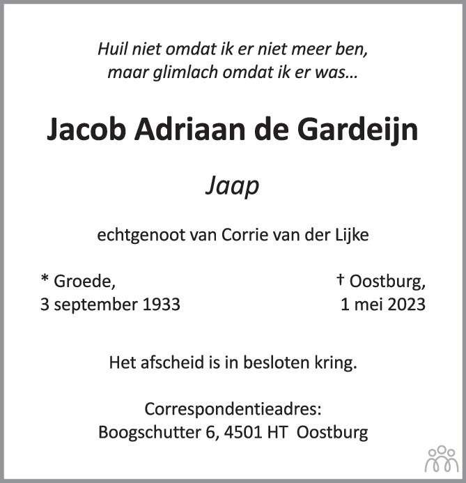 Jacob Adriaan (Jaap) de Gardeijn 01052023 overlijdensbericht en