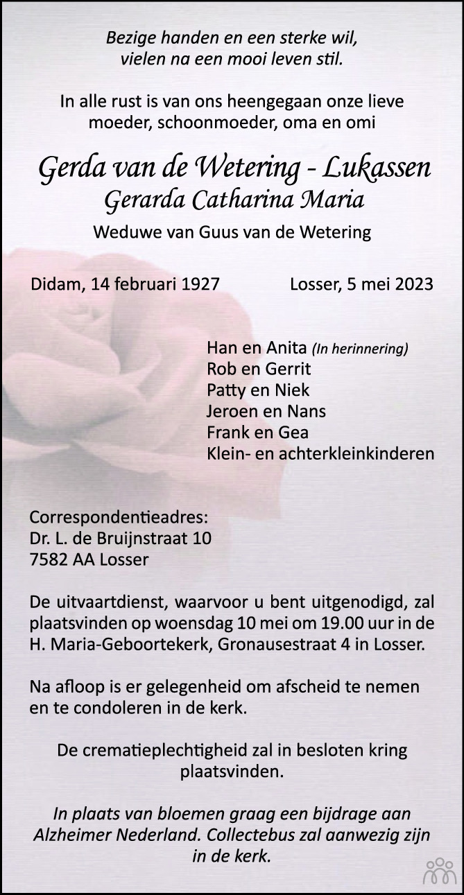 Overlijdensbericht van Gerda (Gerarda Catharina Maria) van de Wetering-Lukassen in Tubantia