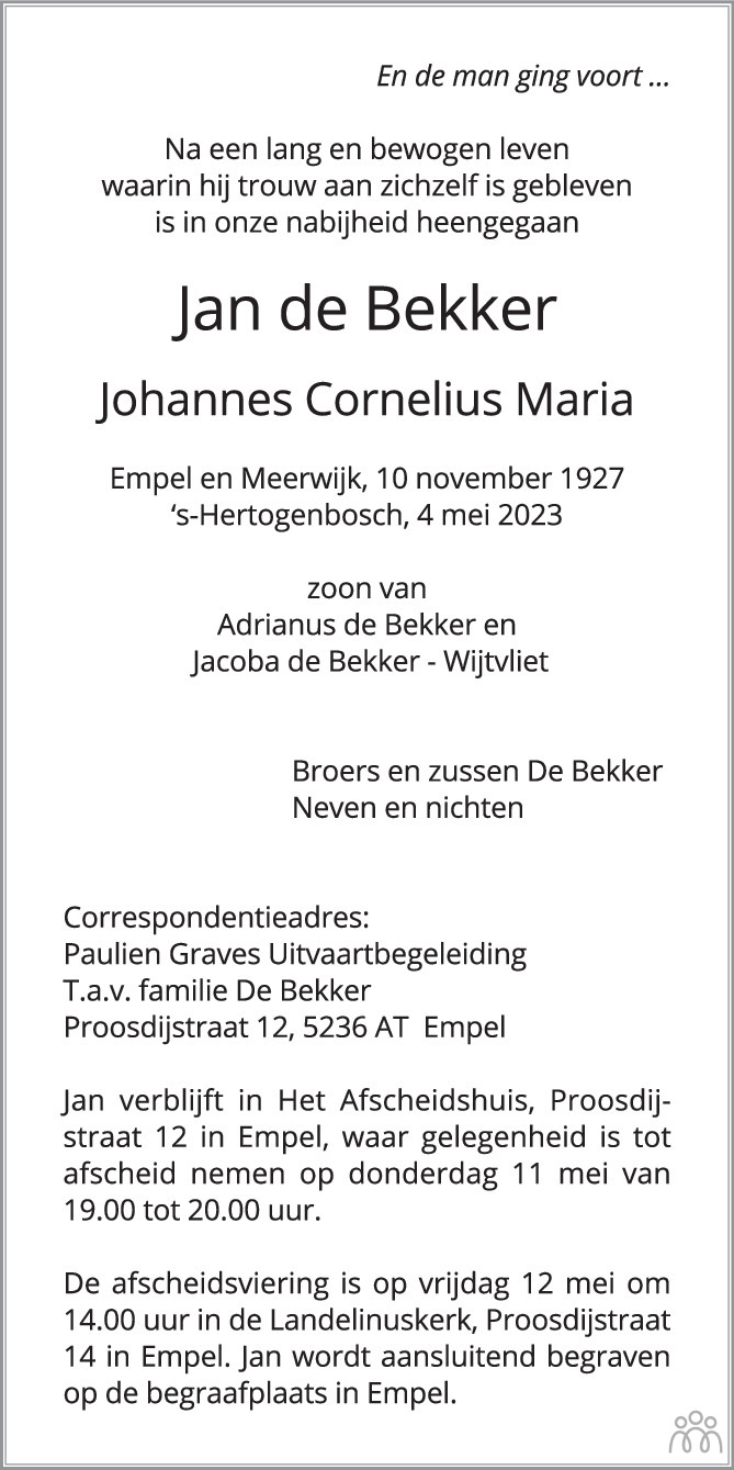 Jan Johannes Cornelius Maria De Bekker 04 05 2023 Overlijdensbericht En Condoleances