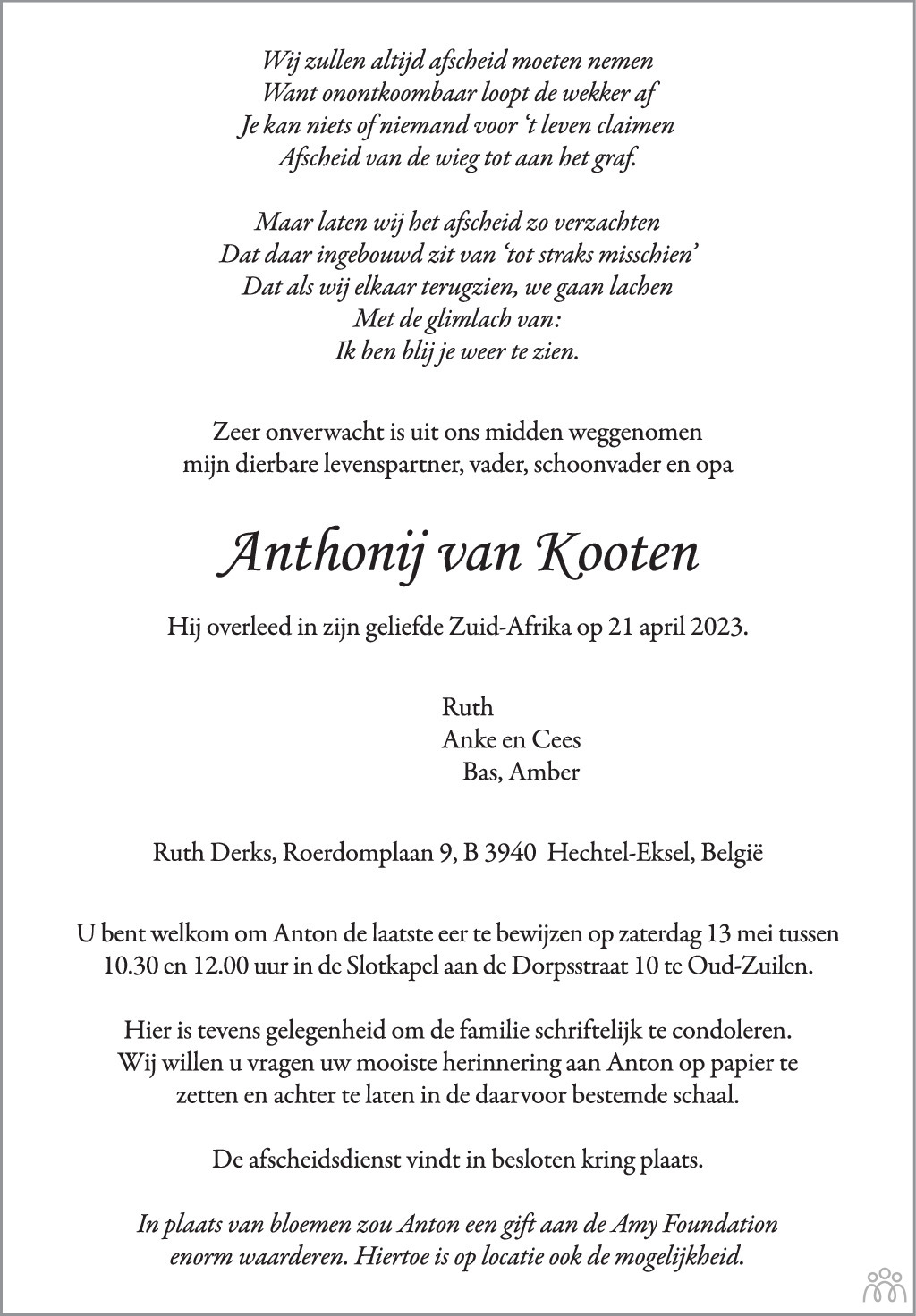 Anthonij van Kooten 21-04-2023 overlijdensbericht en condoleances ...