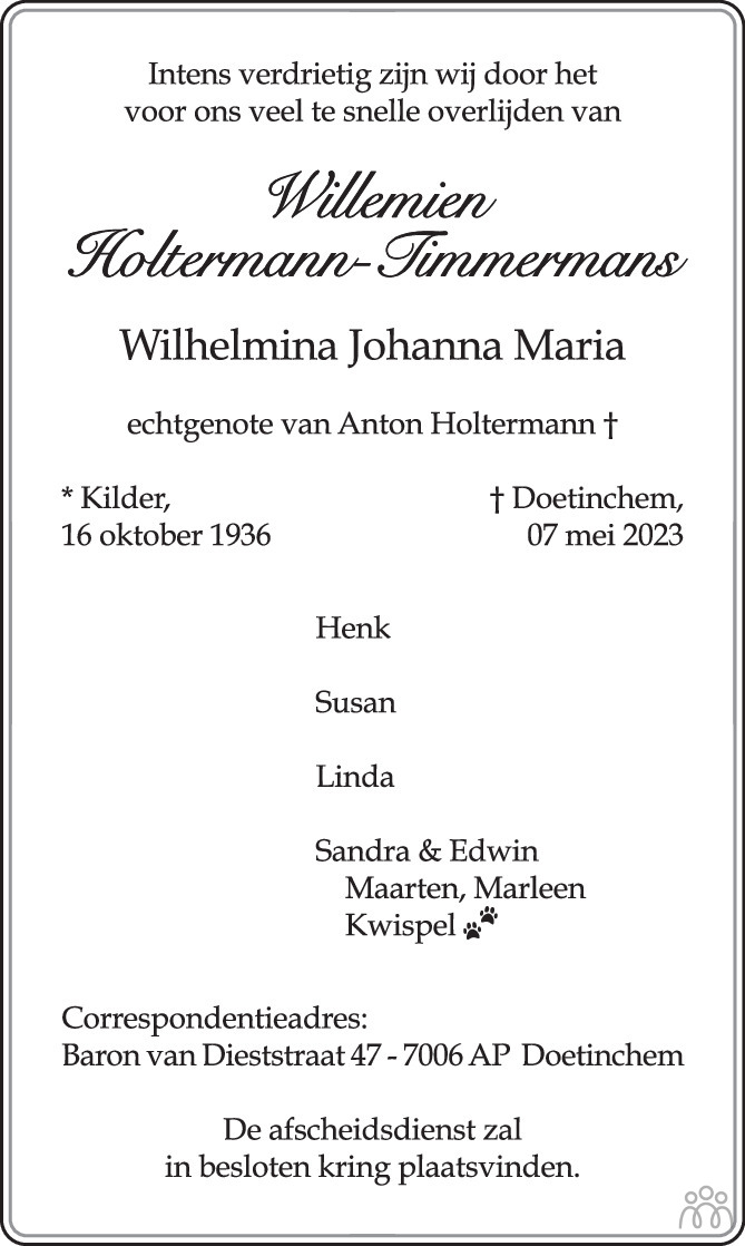 Overlijdensbericht van Willemien (Wilhelmina Johanna Maria)  Holtermann-Timmermans in de Gelderlander