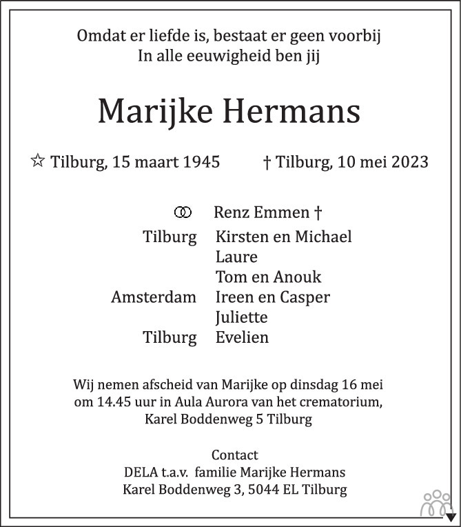 Overlijdensbericht van Marijke  Hermans in Brabants Dagblad