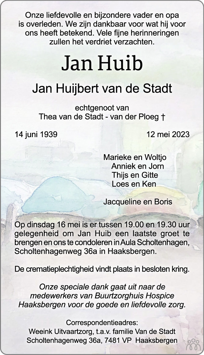 Overlijdensbericht van Jan Huib (Jan Huijbert) van de Stadt in Tubantia