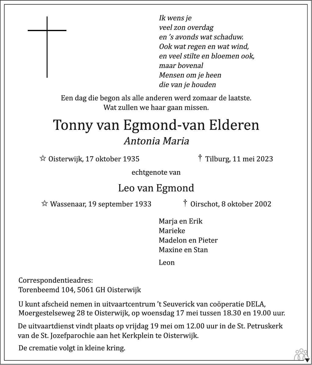 Overlijdensbericht van Tonny (Antonia Maria) van Egmond-van Elderen in Brabants Dagblad