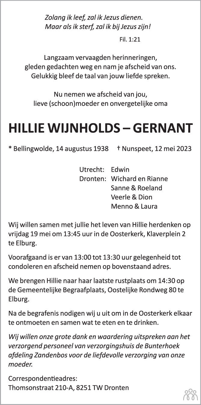 Hillie Wijnholds-Gernant 12-05-2023 overlijdensbericht en condoleances ...