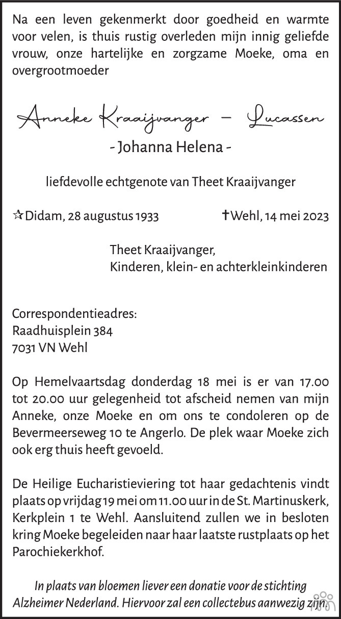 Overlijdensbericht van Anneke (Johanna Helena)  Kraaijvanger-Lucassen in de Gelderlander