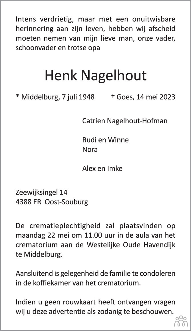 Henk Nagelhout 14-05-2023 overlijdensbericht en condoleances ...