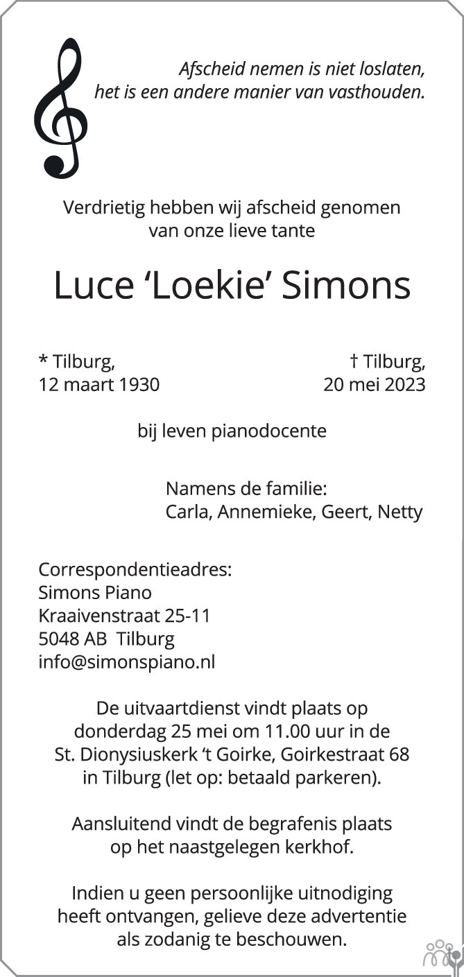 Overlijdensbericht van Luce (Loekie)  Simons in Brabants Dagblad
