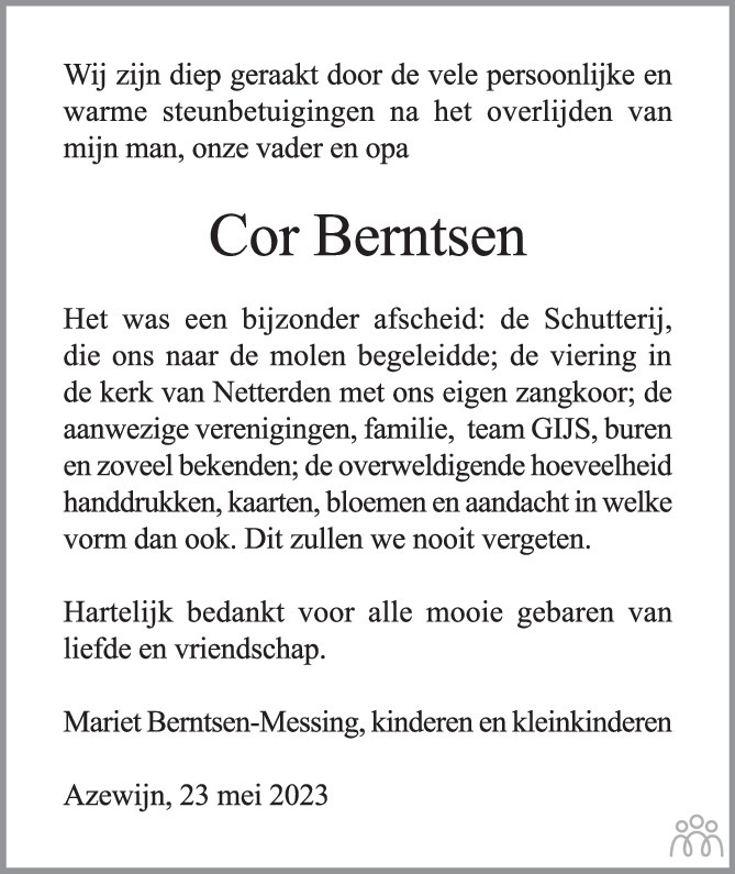 Overlijdensbericht van Cor  Berntsen in de Gelderlander