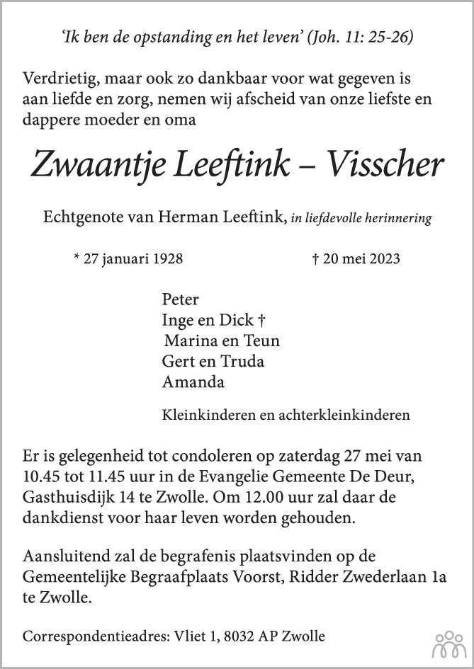 Zwaantje Leeftink-Visscher 20-05-2023 Overlijdensbericht En ...