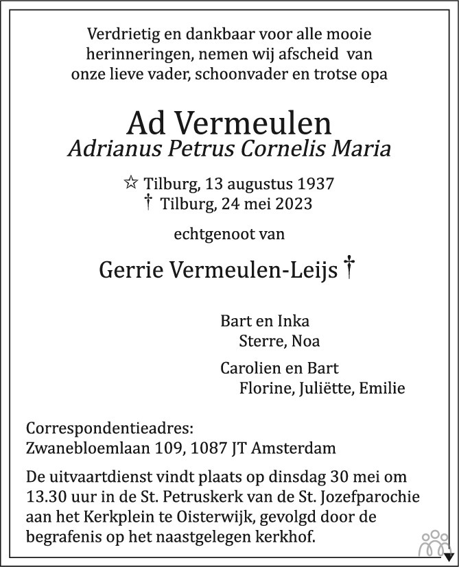 Overlijdensbericht van Ad (Adrianus Petrus Cornelis Maria)  Vermeulen in Brabants Dagblad