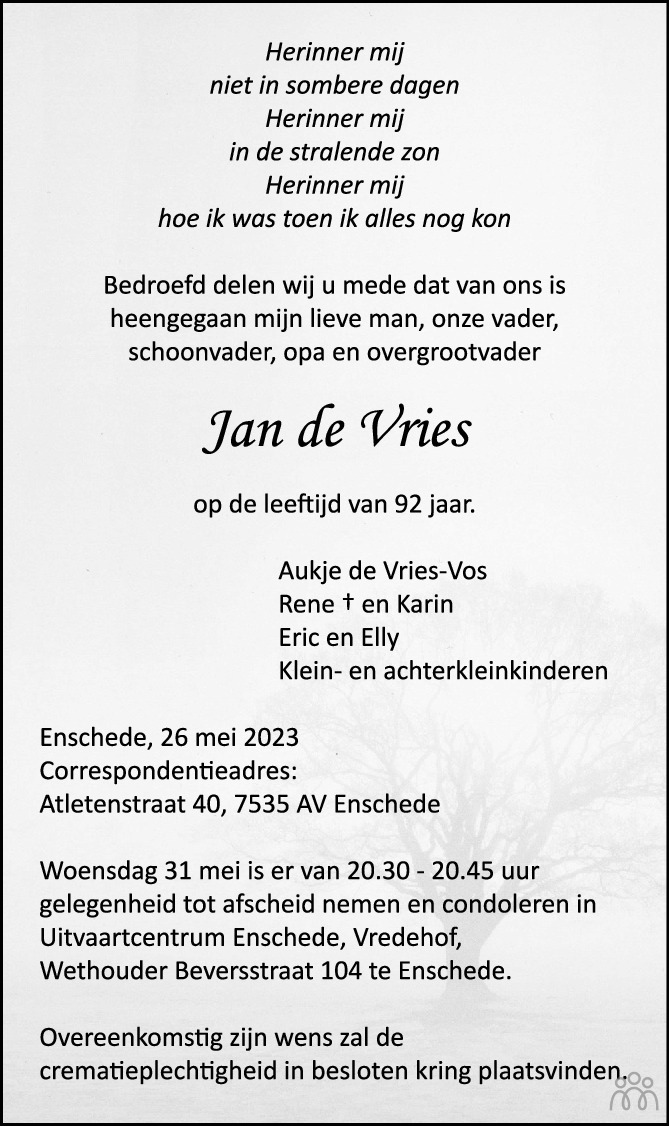 Jan de Vries 26-05-2023 overlijdensbericht en condoleances - Mensenlinq.nl