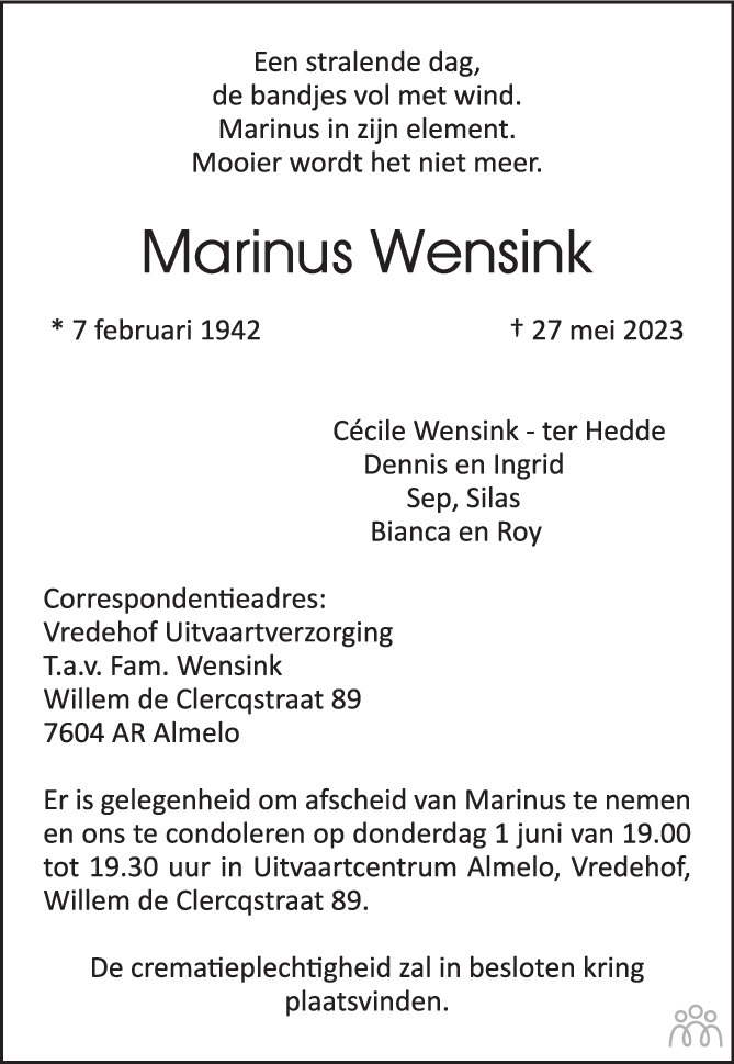 Marinus Wensink 27052023 overlijdensbericht en condoleances Mensenlinq.nl