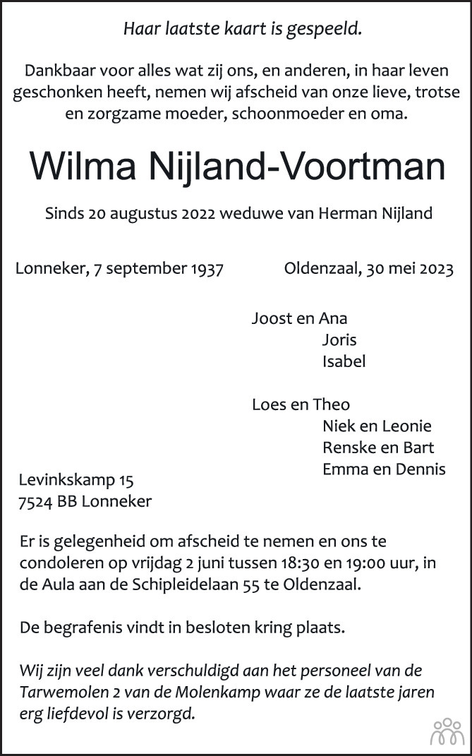 Wilma Nijland Voortman 30 05 2023 Overlijdensbericht En Condoleances Mensenlinq Nl