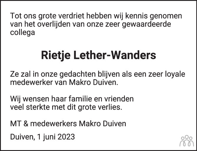 Overlijdensbericht van Rietje  Lether-Wanders in de Gelderlander