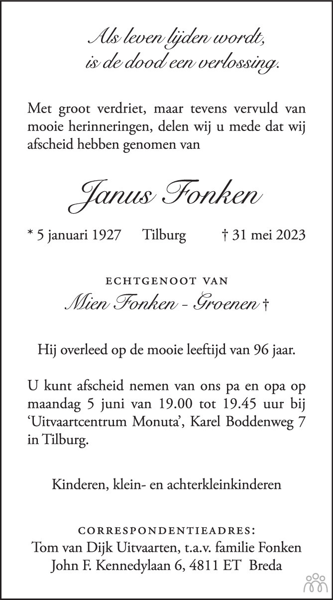Overlijdensbericht van Janus  Fonken in Brabants Dagblad