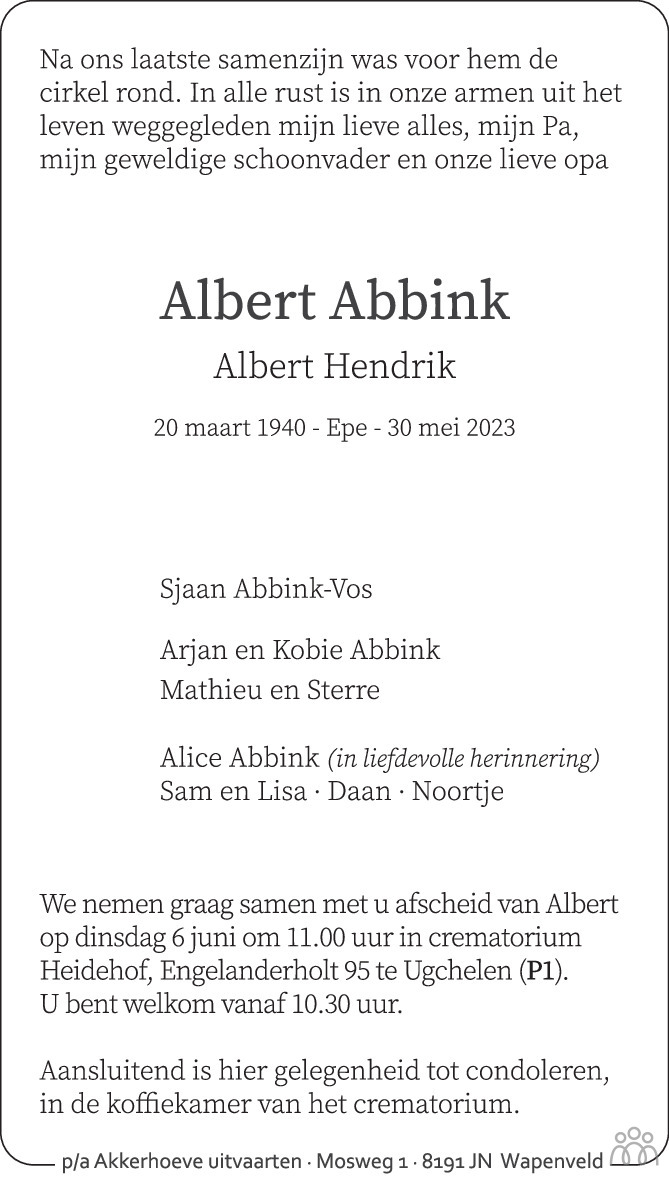 Albert (Albert Hendrik) Abbink 30-05-2023 Overlijdensbericht En ...