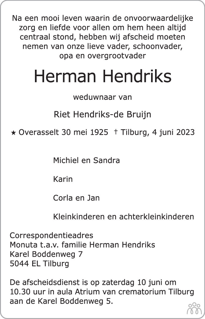 Overlijdensbericht van Herman  Hendriks in Brabants Dagblad