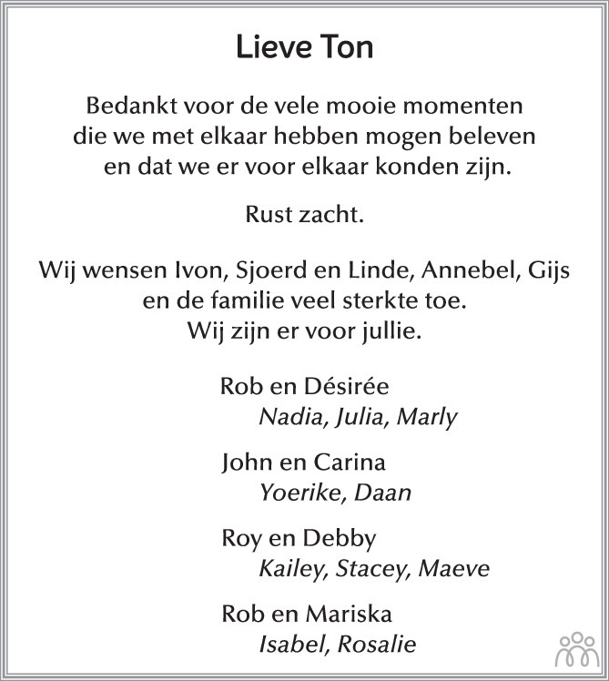 Ton (Anthonius Johannes) Groenewegen 12062023 overlijdensbericht en