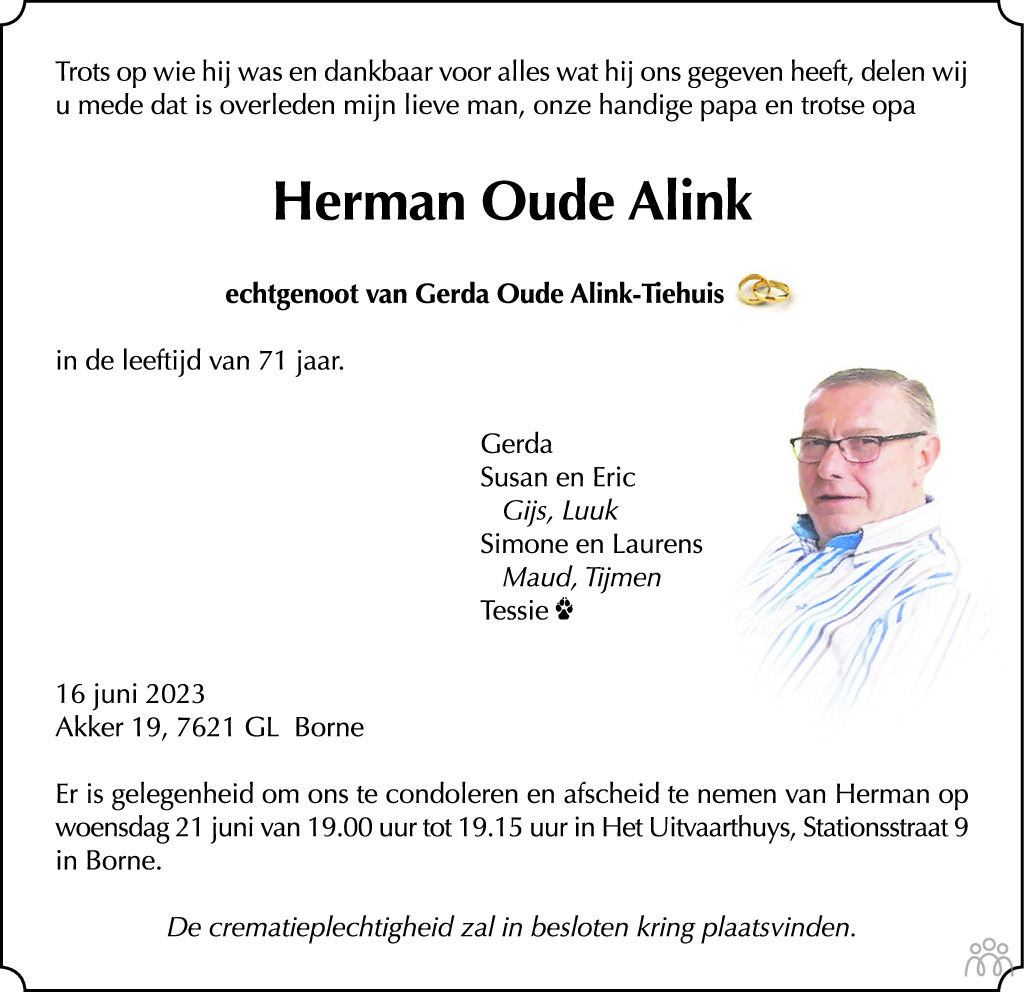 Herman Oude Alink 16-06-2023 Overlijdensbericht En Condoleances ...