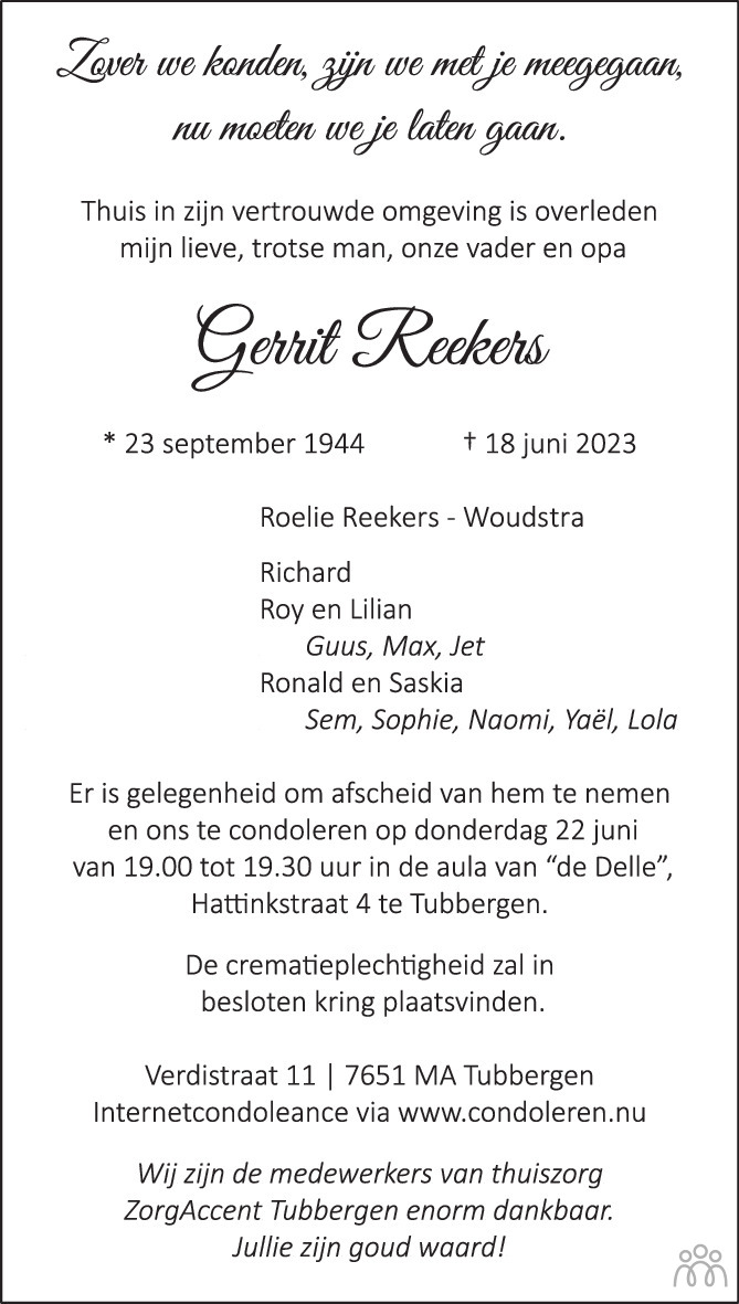 Gerrit Reekers 18 06 2023 Overlijdensbericht En Condoleances