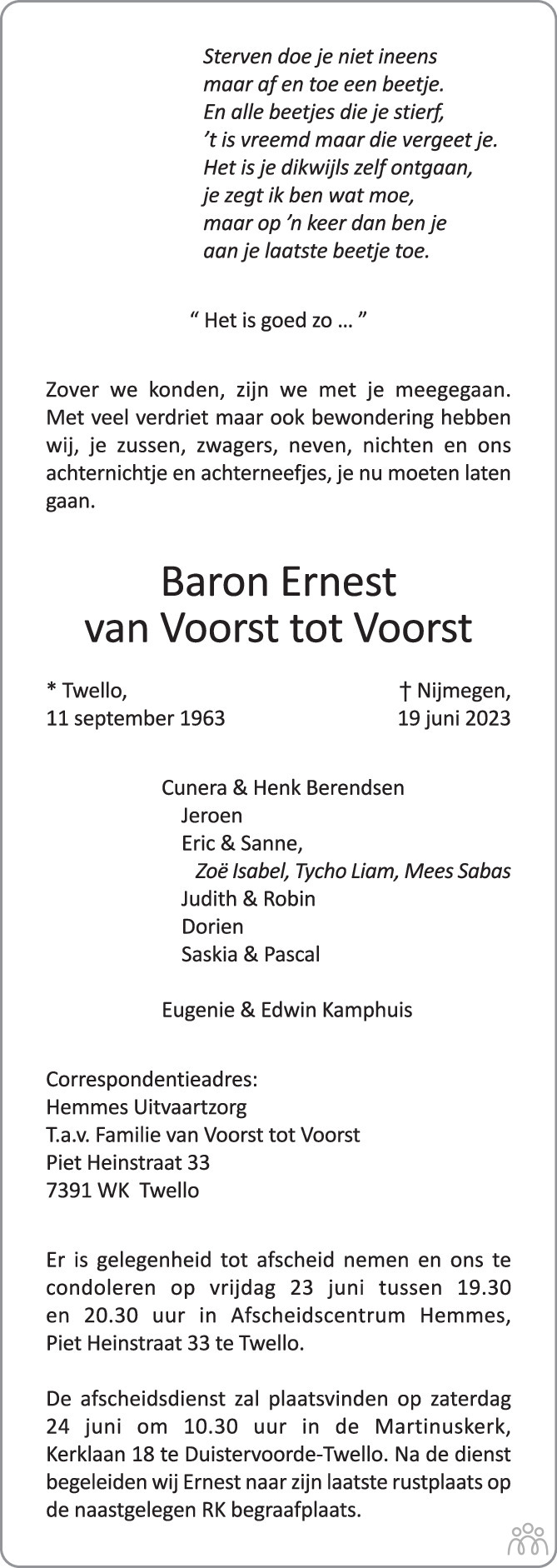 Baron Ernest Van Voorst Tot Voorst 19-06-2023 Overlijdensbericht En ...