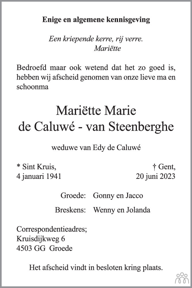 Mariëtte Marie de Caluwévan Steenberghe 20062023 overlijdensbericht