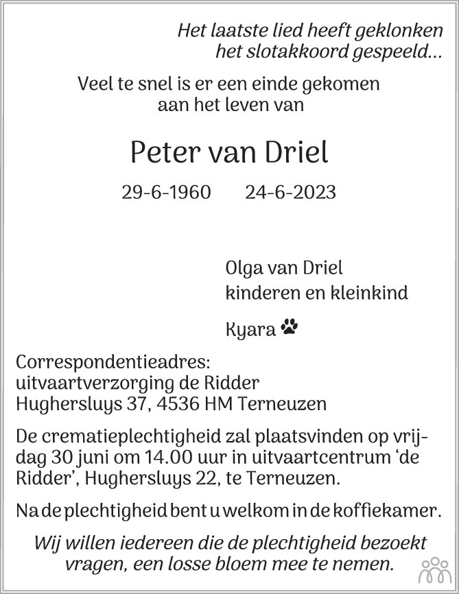 Peter Van Driel Overlijdensbericht En Condoleances Mensenlinq Nl