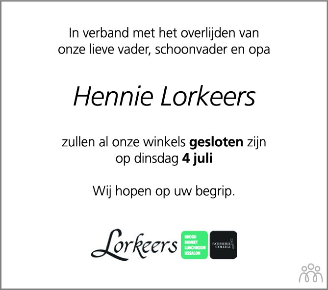 Hennie Hendrikus Antonius Lorkeers 27 06 2023 Overlijdensbericht En