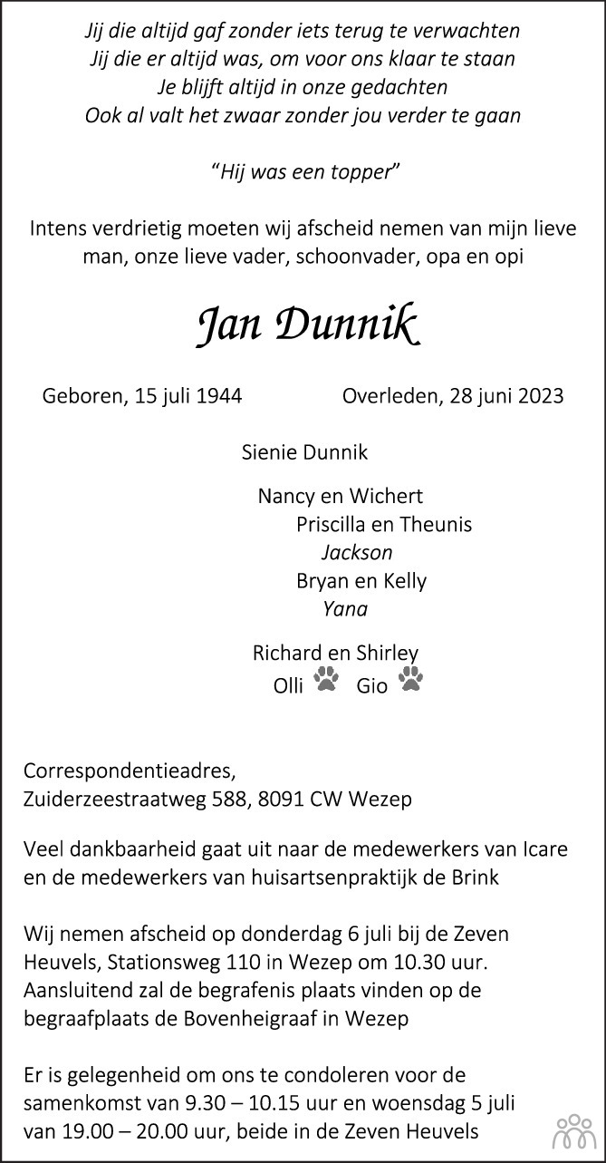 Jan Dunnik 28-06-2023 overlijdensbericht en condoleances - Mensenlinq.nl