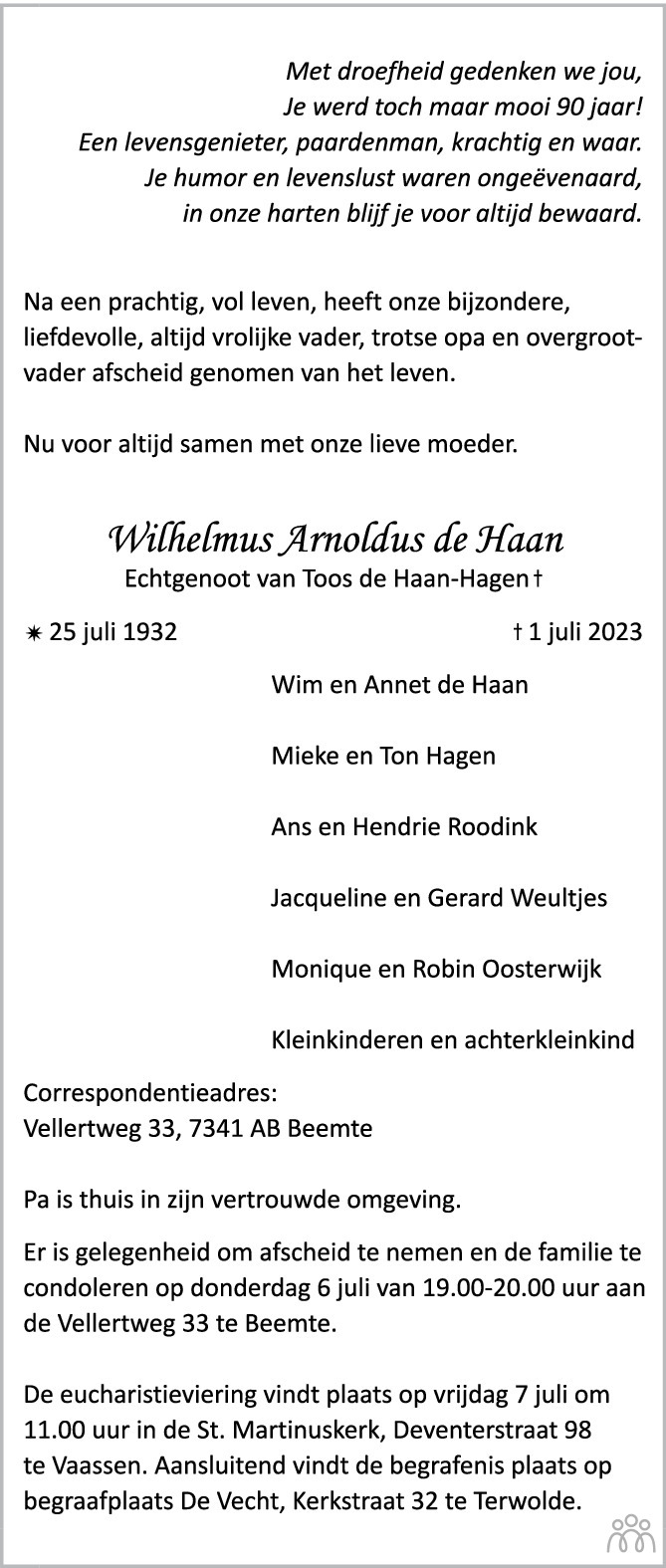 Wim Wilhelmus Arnoldus De Haan 01 07 2023 Overlijdensbericht En