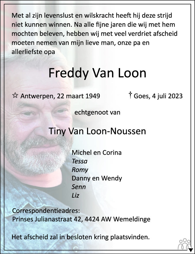 Freddy Van Loon Overlijdensbericht En Condoleances Mensenlinq Nl