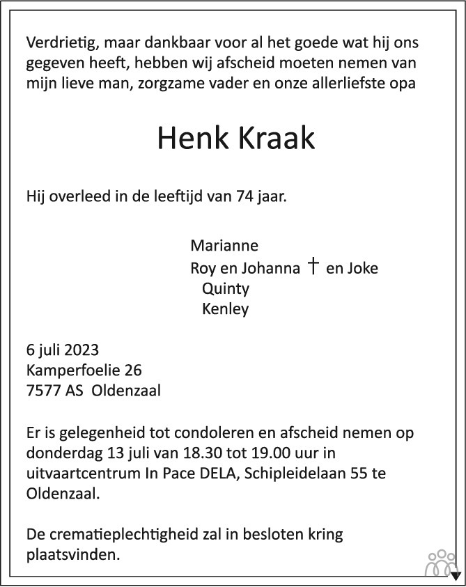 Henk Kraak 06 07 2023 Overlijdensbericht En Condoleances Mensenlinq Nl