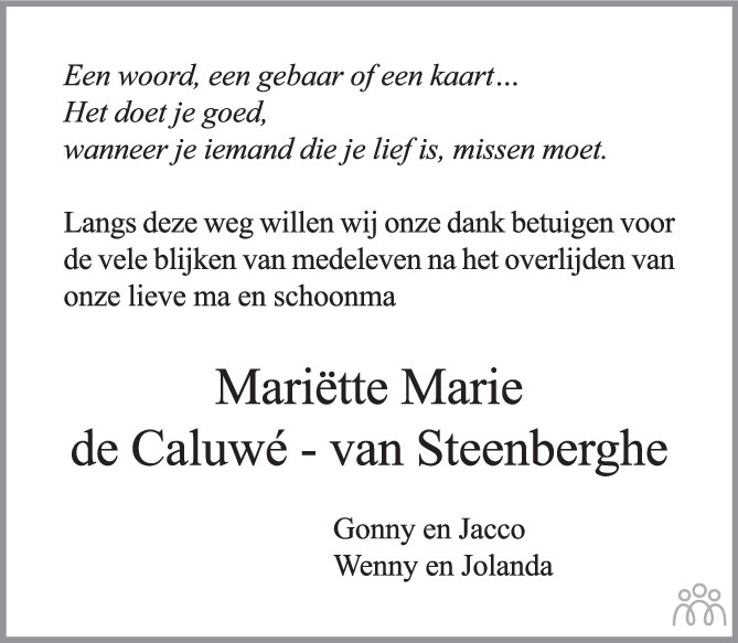 Mariëtte Marie de Caluwévan Steenberghe 20062023 overlijdensbericht