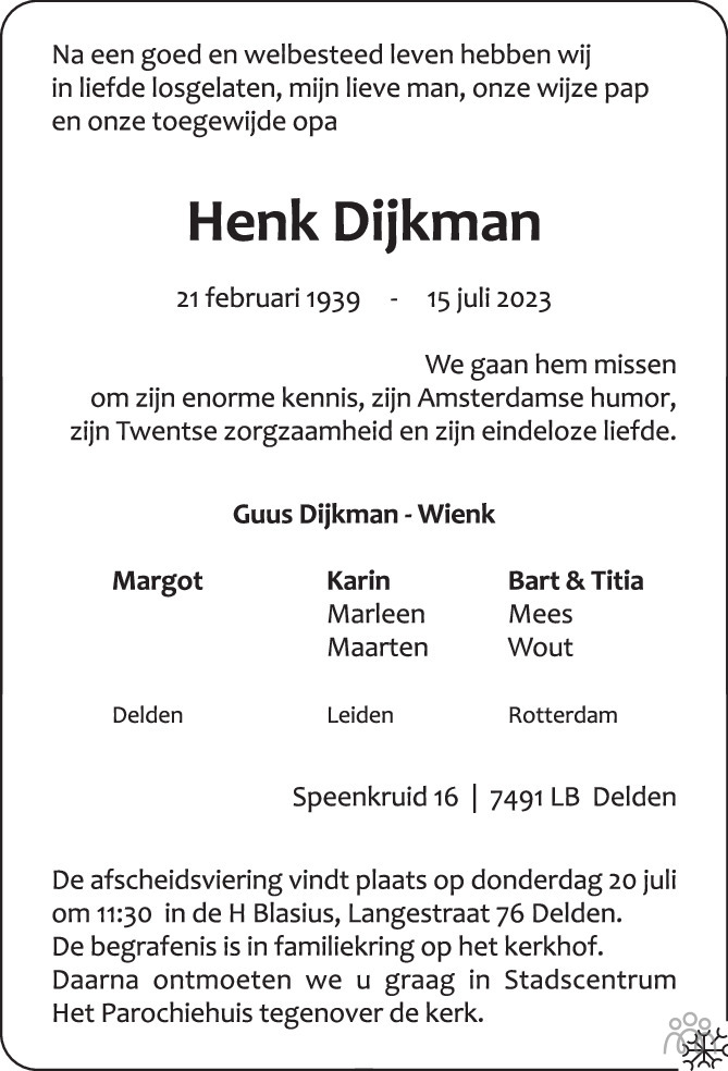 Henk Dijkman 15-07-2023 Overlijdensbericht En Condoleances - Mensenlinq.nl