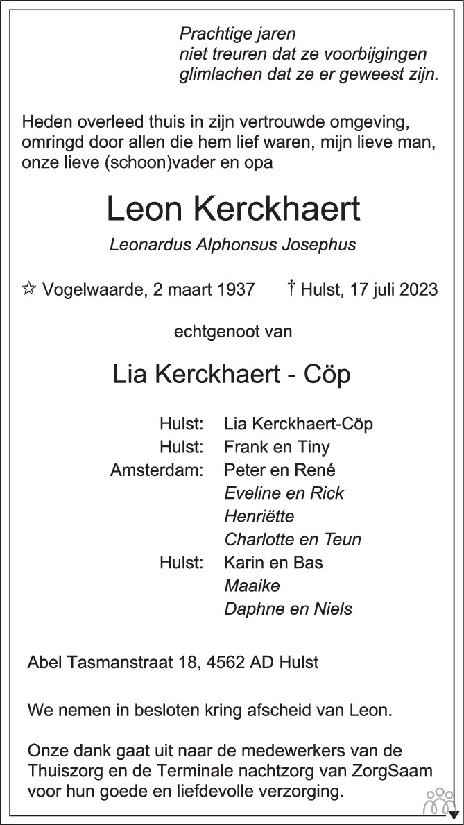 Leon Kerckhaert 17-07-2023 overlijdensbericht en condoleances ...