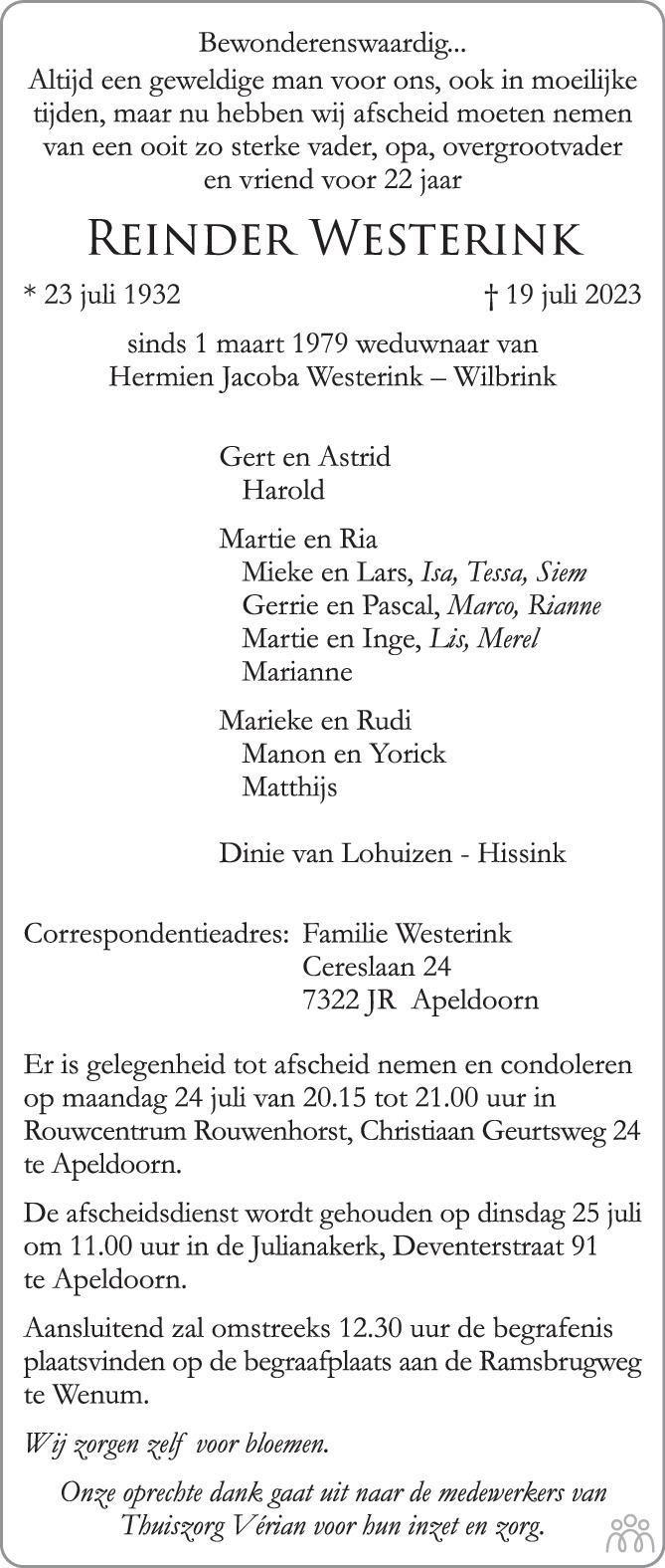 Reinder Westerink 19-07-2023 overlijdensbericht en condoleances