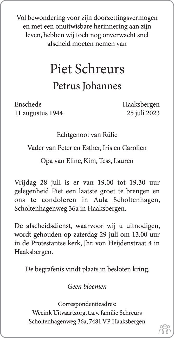 Piet Petrus Johannes Schreurs 25 07 2023 Overlijdensbericht En Condoleances Mensenlinq Nl