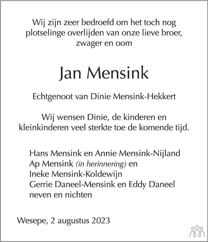 Jan Mensink 01082023 overlijdensbericht en condoleances Mensenlinq.nl