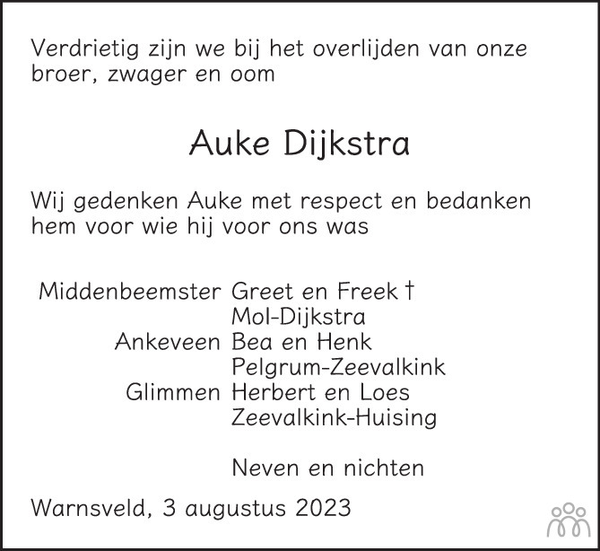 Auke Douwe Dijkstra 03-08-2023 overlijdensbericht en condoleances ...