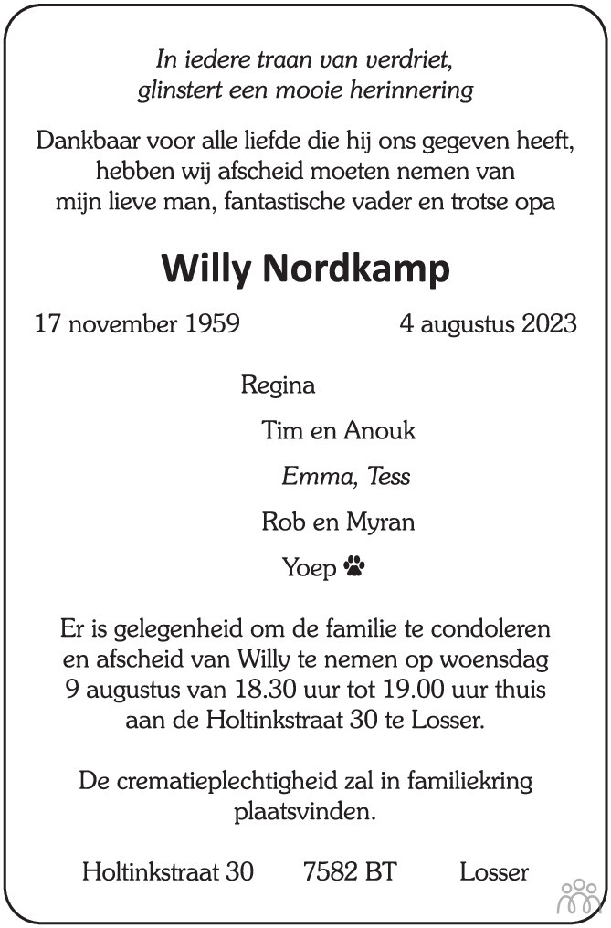 Willy Nordkamp 04082023 overlijdensbericht en condoleances