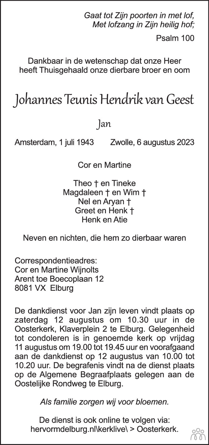 Johannes Teunis Hendrik (Jan) van Geest 06-08-2023 overlijdensbericht ...