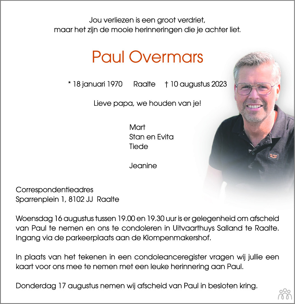 Paul Overmars ✝ 10-08-2023 overlijdensbericht en condoleances - Mensenlinq .nl