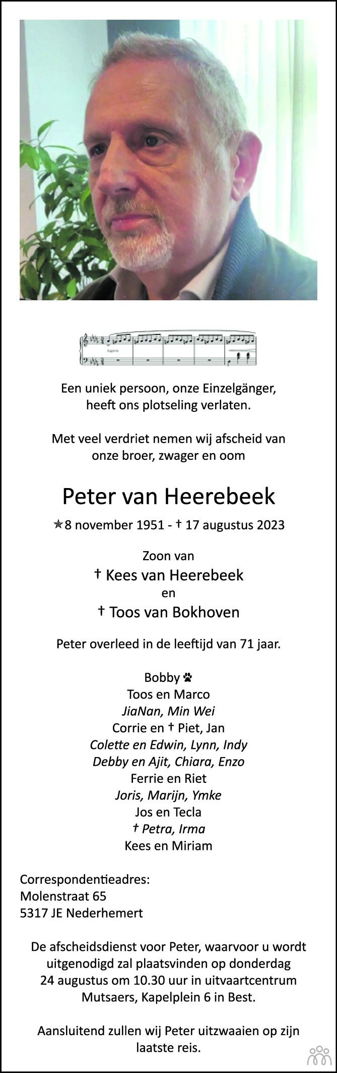 Peter Van Heerebeek 17 08 2023 Overlijdensbericht En Condoleances