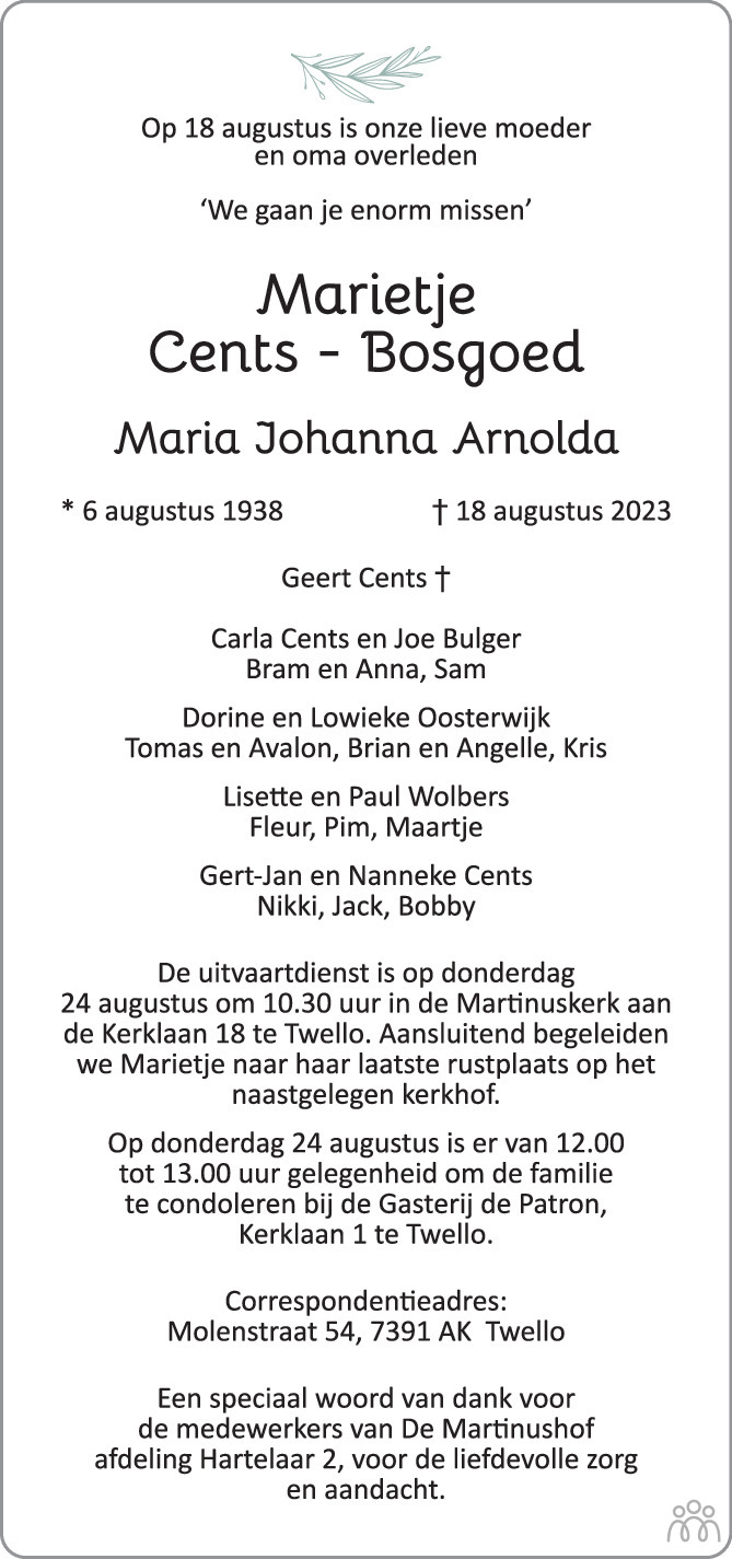 Maria Johanna Arnolda Marietje Cents Bosgoed Overlijdensbericht En Condoleances
