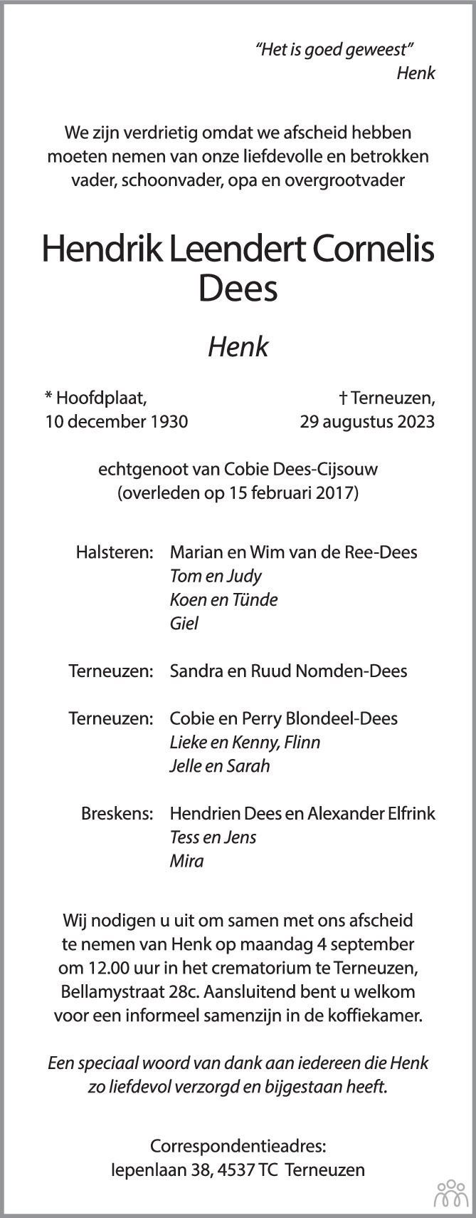 Henk (Hendrik Leendert Cornelis) Dees 29082023 overlijdensbericht en