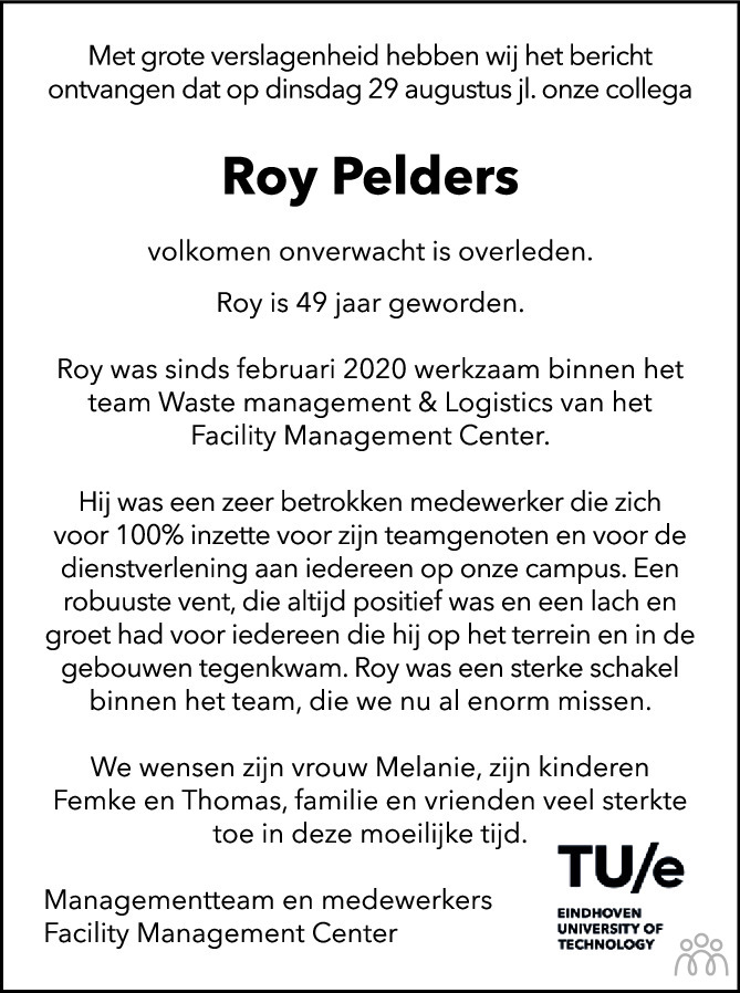 Roy Pelders Overlijdensbericht En Condoleances Mensenlinq Nl