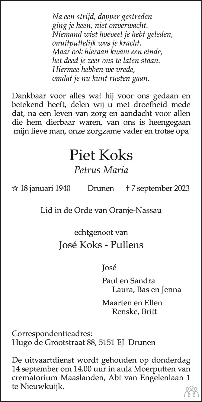 Piet Petrus Maria Koks 07 09 2023 Overlijdensbericht En Condoleances Mensenlinq Nl